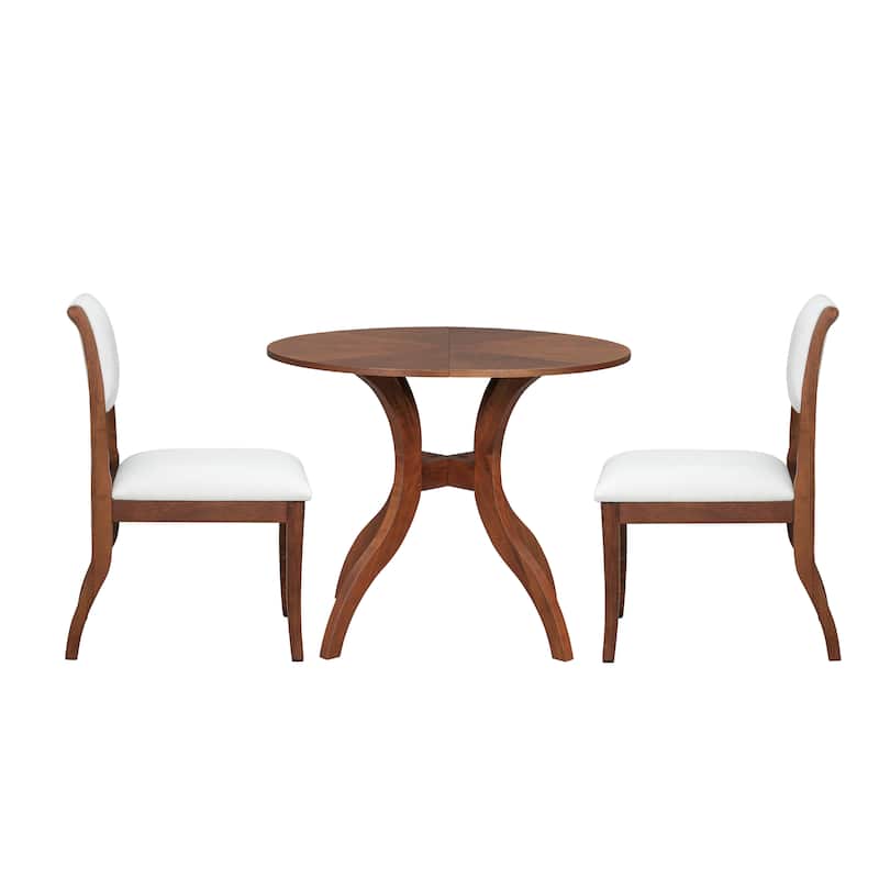 Mid-Century Modern Round Dining Table Set for 2, Wood Kitchen Table & 2 Chairs Set, Compact 3-Piece Dining Set for Small Spaces