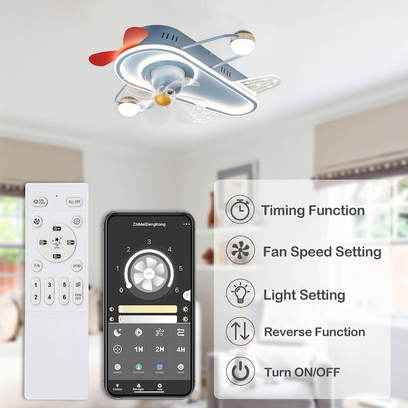 26In Cartoon Aircraft Flush Mount Ceiling Fan, 6-Speed Dimmable Light with Remote and APP Control for Kids Room