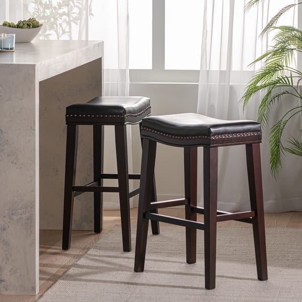 slide 2 of 20, Kimi Contemporary Upholstered Saddle Barstool with Nailhead Trim (Set of 2) by Christopher Knight Home Brown + Dark Brown