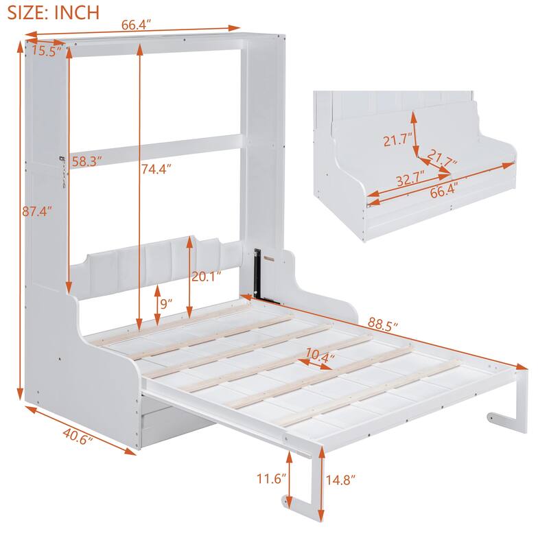 Roomfitters Queen Wall Murphy Bed with Integrated Cushion Seat and Storage Wood