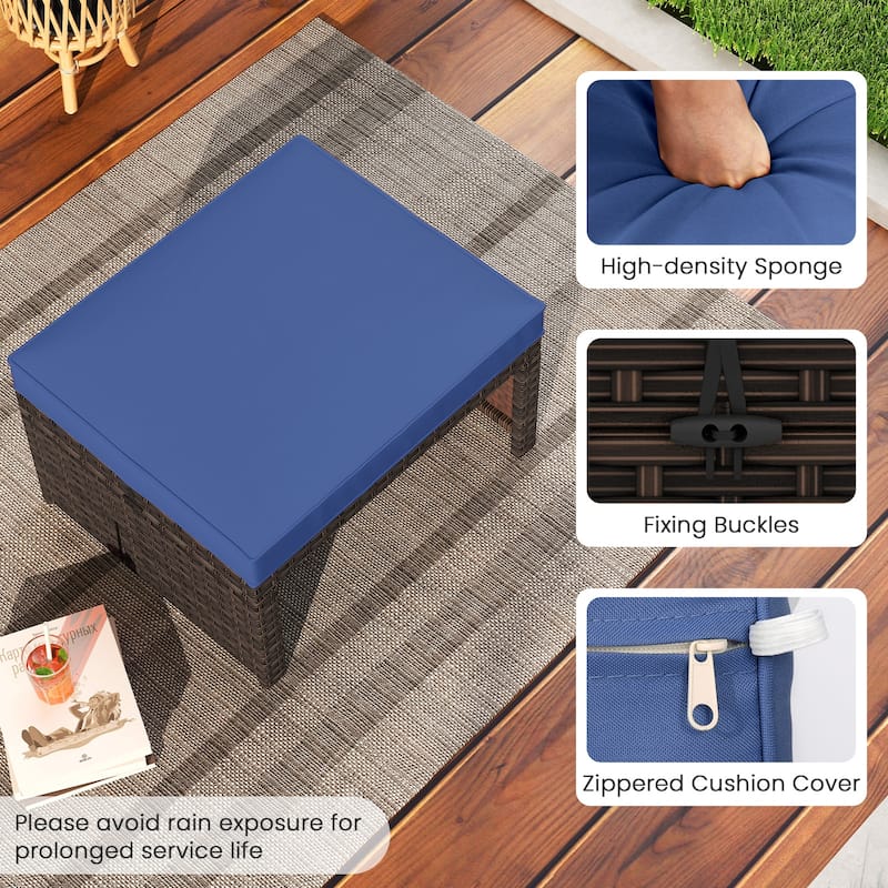 Set of 2 Outdoor Rattan Footstools Ottomans with Cushions for Patio Decor or Garden Seating - 16" L x 19" W x 9.5" H