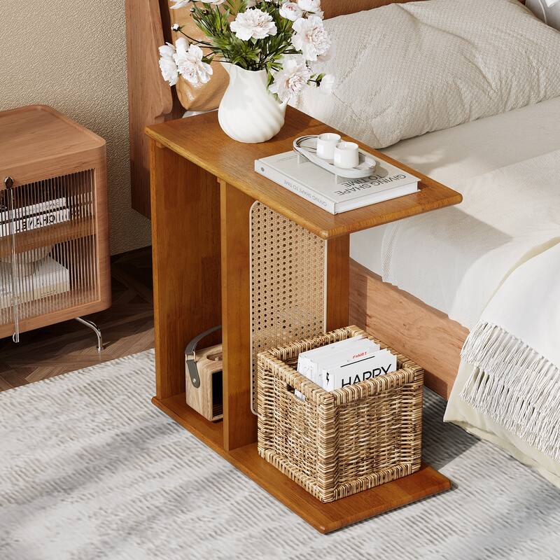Solid Wood C-Shaped End Table Rattan Narrow Side Table for Couch
