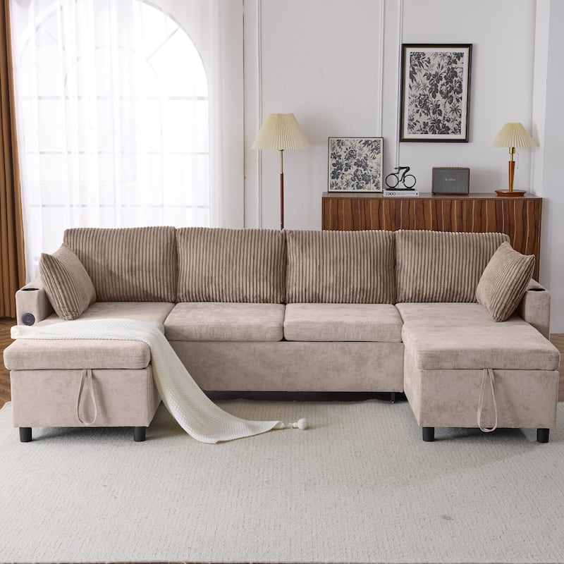 111.8 inch Sectional Sofa Pull-out Sofa Bed - Brown