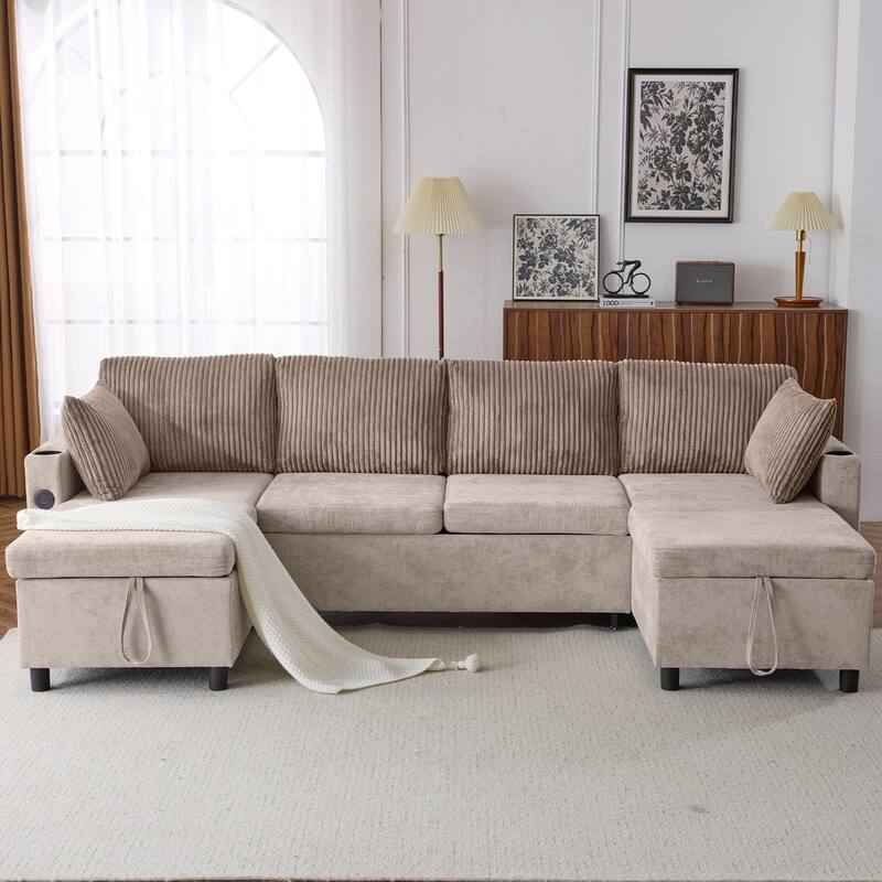 Multifunctional Sectional Sofa Bed with Pull-Out Sleeper, Dual Storage Chaises, USB Ports and Cup Holders for Living Room