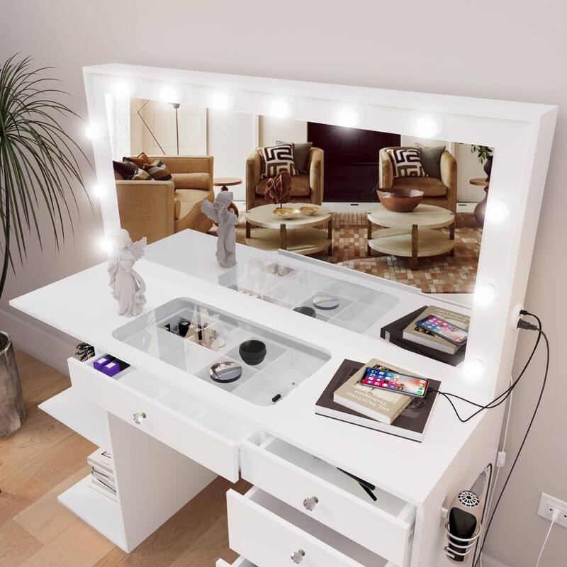 Hollywood Large Makeup Vanity Desk with 12 Light Bulbs; Modern Dressing Table with Multiple Storage Drawers & Crystal Knobs