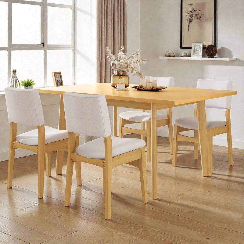 5-Piece Modern Dining Set with Solid Wood Table and Upholstered Linen Chairs, Space-Saving Stackable Design