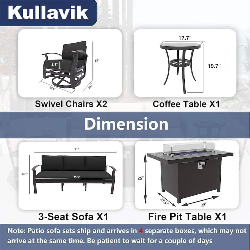 Kullavik Aluminum Outdoor Patio Furniture with Curved Armrests & Firepit Table