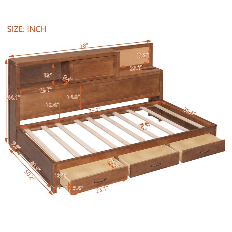 Versatile Wooden Daybed with 3 Storage Drawers,and USB Ports