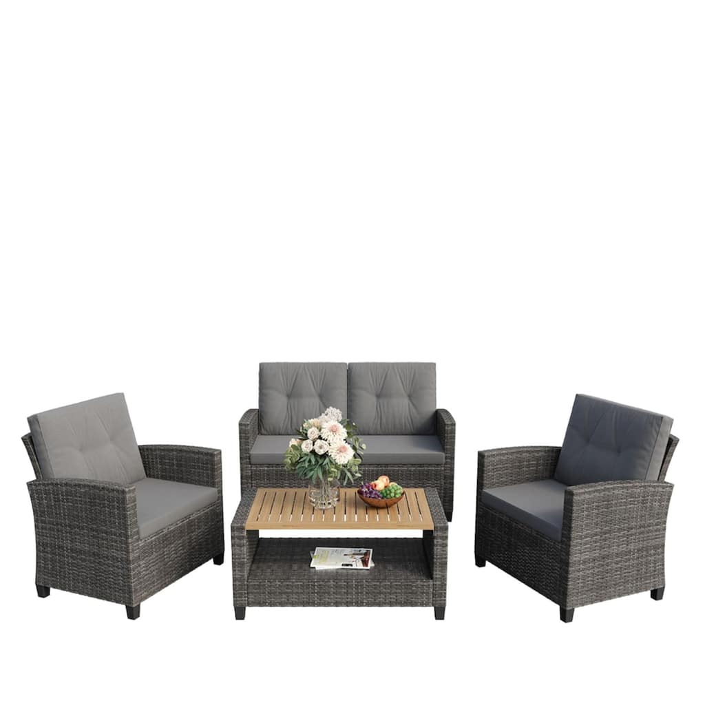 4-Piece Wicker Patio Conversation Set with Gray Cushions