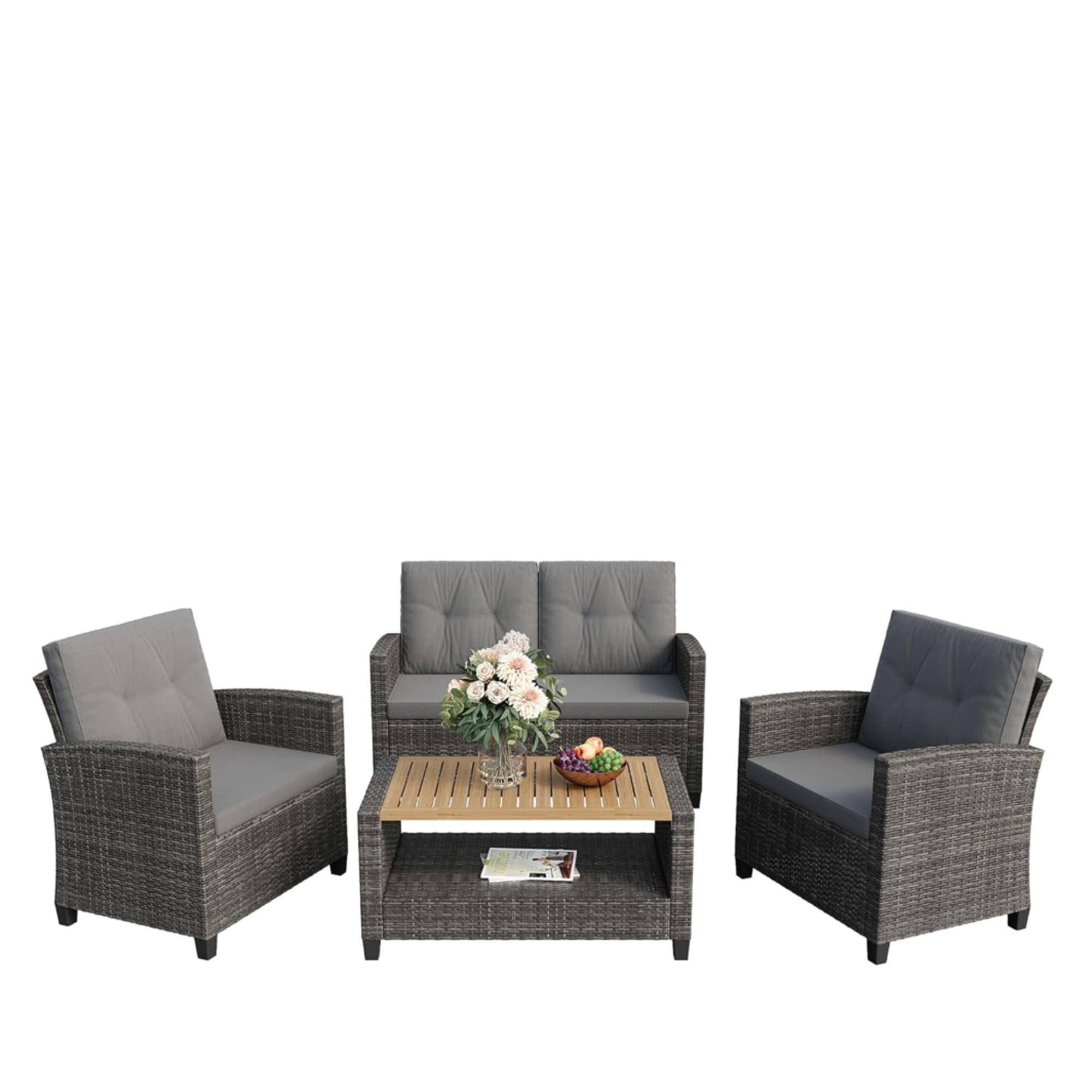 4-Piece Wicker Patio Conversation Set with Gray Cushions