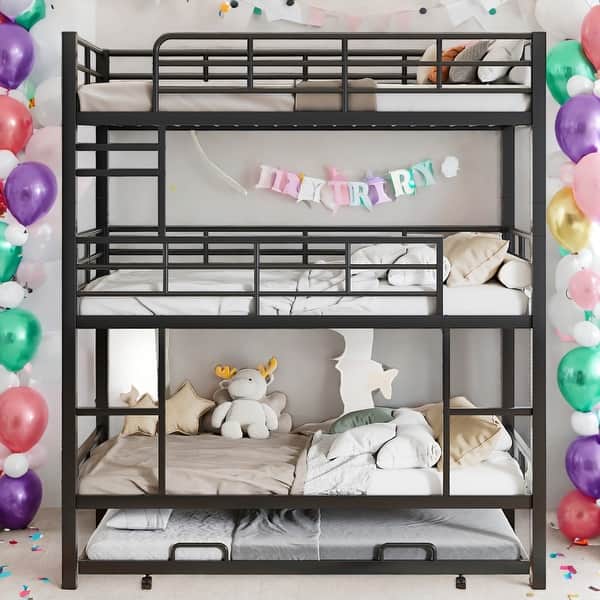slide 2 of 9, Modern Twin Size Metal Triple Bunk Bed With Twin Size Trundle,Sturdy Structure For Bedroom Black