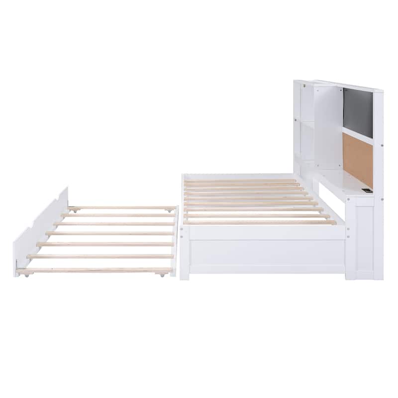 Solid Pine Wood Daybed with Twin Trundle, Living Room Sofa Bed Frame with Bookcase, Blackboard, Cork Board and USB Ports