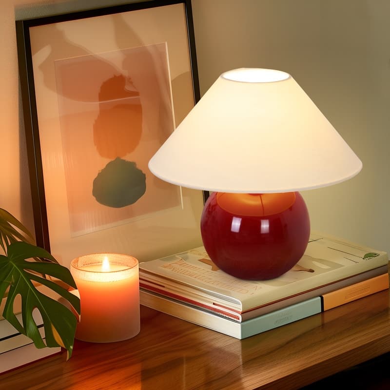 Brightech Fiona LED Glossy Red Ceramic Midcentury Round Globe Bedside Nightstand Desk Lamp with Cream Cotton Empire Shade