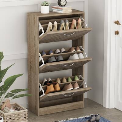 Kerrogee 18-Pair Shoe Storage Cabinet with 3 Flip Drawers Wood/ Grey