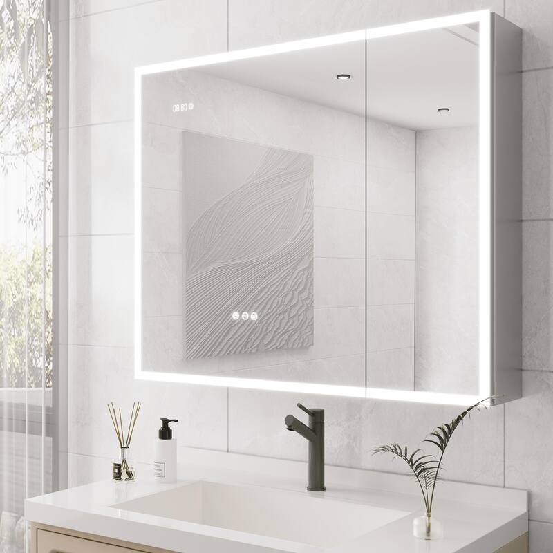 LED Bathroom Medicine Cabinet with Mirror, Double Door Lighted Medicine Cabinet with Defogger, Adjustable Brightness