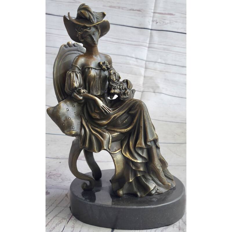 Signed Original Imitative Fisher Victorian Girl Holding Imitative Dog Bronze Sculpture Statue Decor
