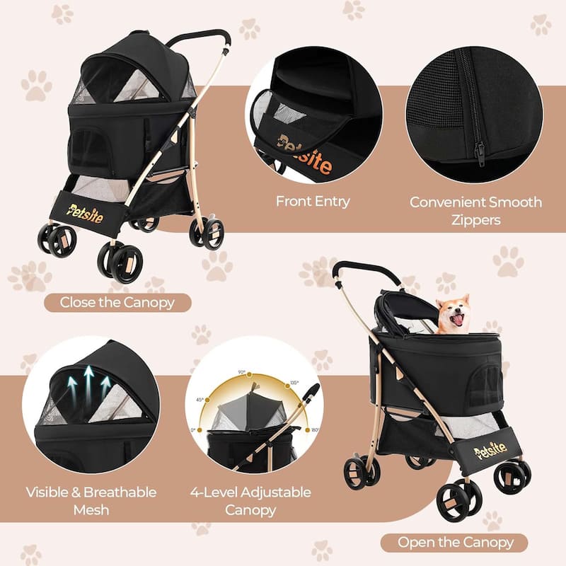 3-in-1 Pet Stroller Portable Folding Pet Stroller w/ Adjustable Canopy