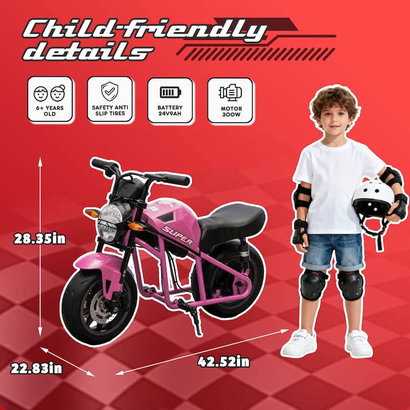Simple Electric Bike Pink Kids Electric Motorcycle 24V Ride-On Motorcycle with Built-in Music & LED Lights
