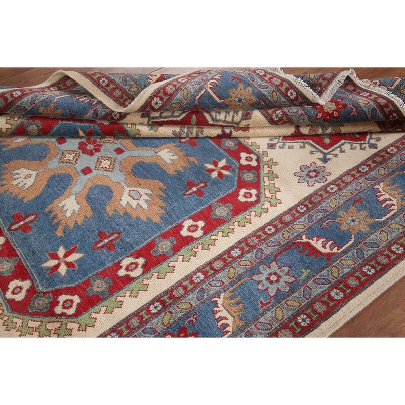 Hand Knotted Oriental 100% Wool Carpet Traditional Geometric Beige & Ivories Kazak Area Rug - 9' 11'' X 6' 8''