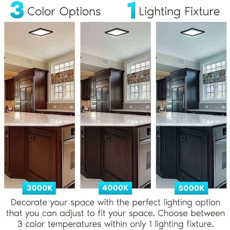 Luxrite 9" Square LED Flush Mount 18W 3 Color Selectable 1200 Lumens Dimmable Damp Rated Black 2 Pack