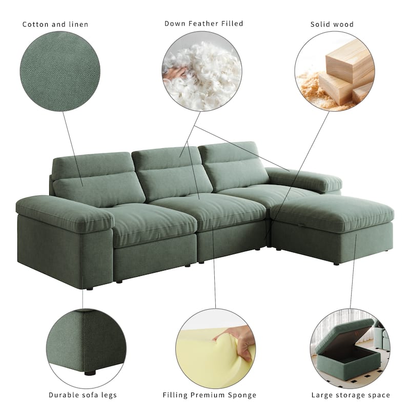 GDFStudio - Modern Adjustable 114" Modular Sofa with Cotton Linen Reclining Backrest and Storage