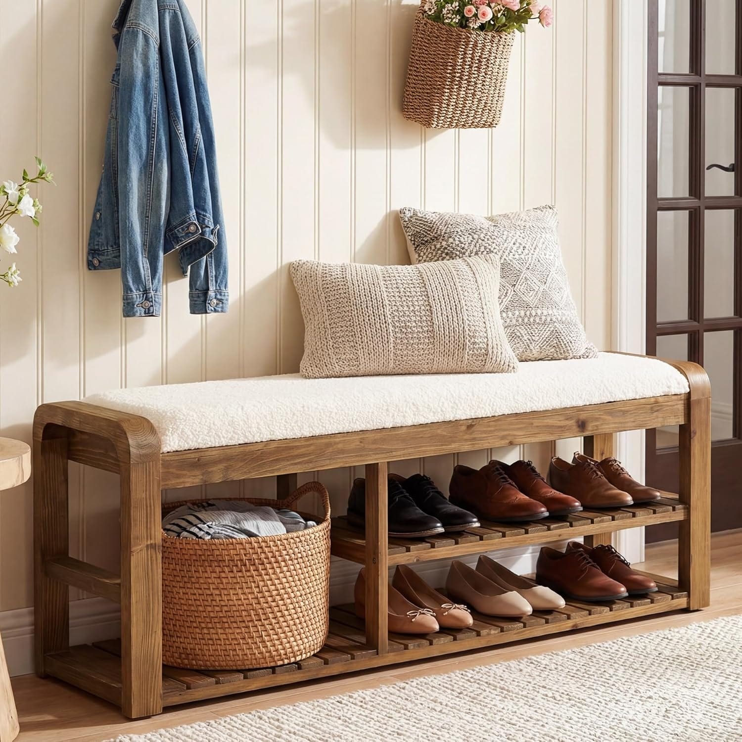 55-Inch Storage Bench with Removable Cushion, 2-Tier Wood Entryway Shoe Rack for Hallway, Bedroom