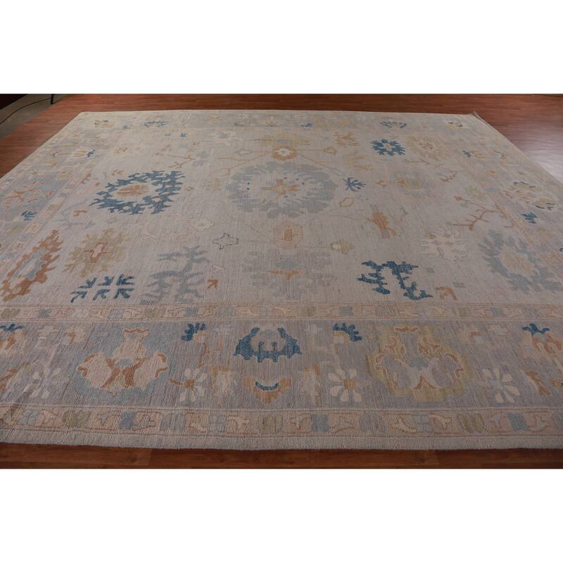 Hand Knotted Oriental 100% Wool Carpet Transitional All-Over Beige & Ivories Oushak Area Rug - 14' 9'' X 12' 6''