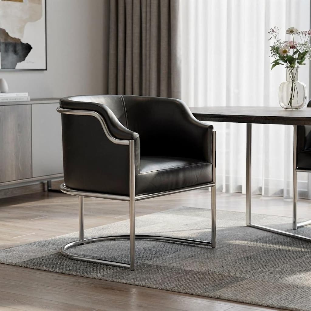 HomeRoots Charcoal and Silver Upholstered Leather Curved Back Dining Arm Chair - 26.00 in. x 29.00 in. x 26.00 in.