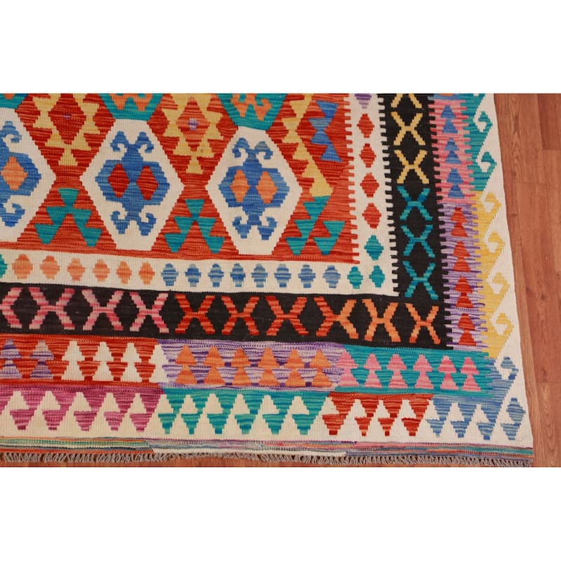 Kilim Oriental Area Rug Hand-Woven Geometric Bedroom Wool Carpet - 9'7"x 13'1"