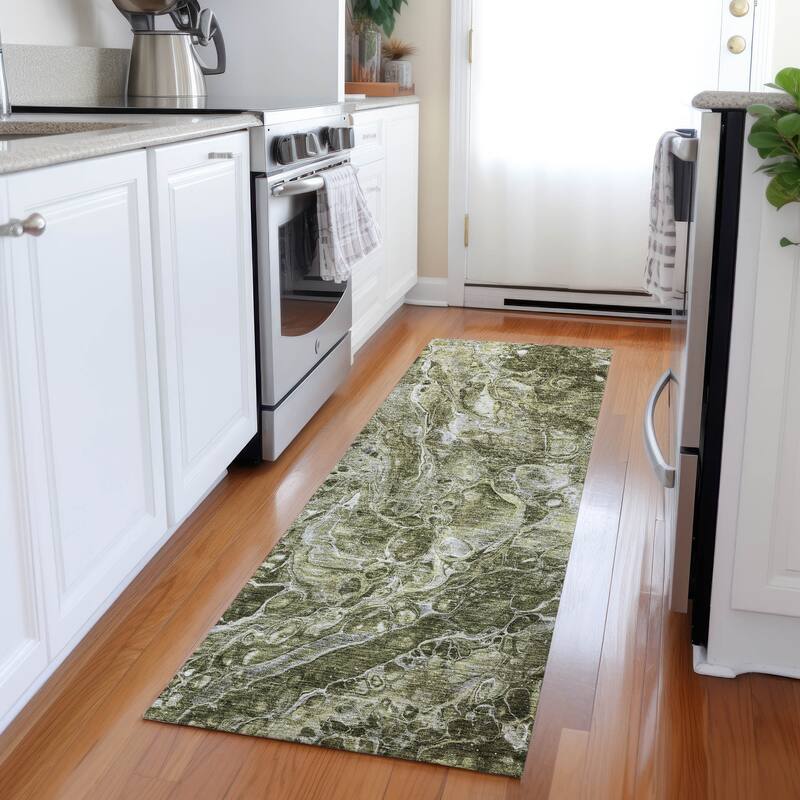 Machine Washable Indoor/ Outdoor Chantille Abstract Watercolor Rug - Taupe - 2'3" x 7'6"