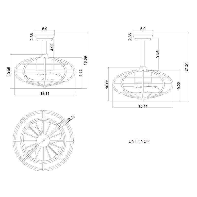 Monti Matte Black 18-Inch 3-Blade Ceiling Fan with Caged Metal Frame (Includes Remote)