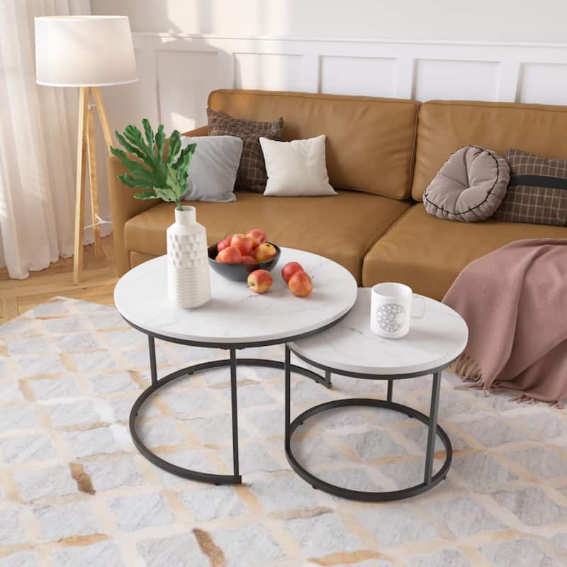 Modern Nesting Coffee Table Round Coffee Table Side Table, 2-Piece Set with Base, for Living Room, Brown