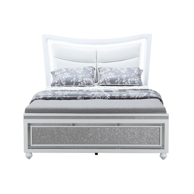 HomeRoots White And Silver and White Faux Crystal Bling Wood And Upholstery Lighted Queen Bed Frame