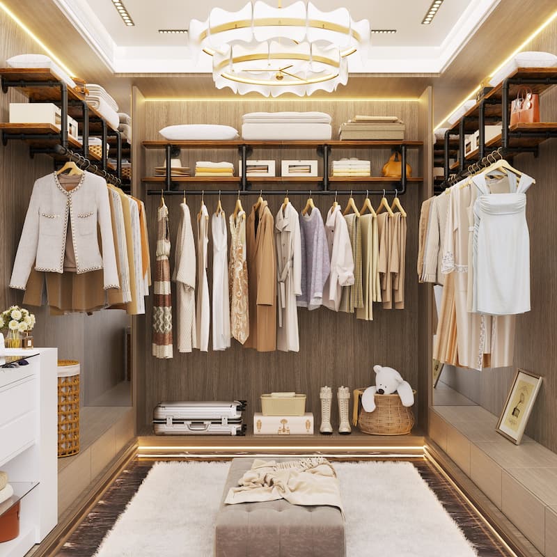 Floating Pipe Heavy-Duty Garment Rack, Wall-Mounted Closet Organizer with Storage Shelves