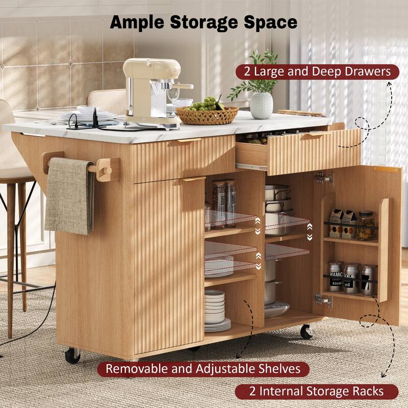 52" Fluted Kitchen Island with Drop Leaf, Power Outlet, Rolling Storage Cart with Adjustable Shelves, Drawers & Walnut Top