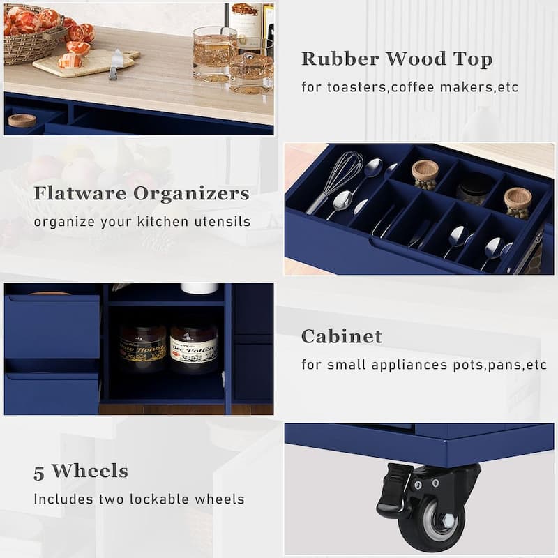 53.15 "W Rubberwood Countertop Kitchen Cart with 8 No-Pull Drawers and 2 Utensil Organizers