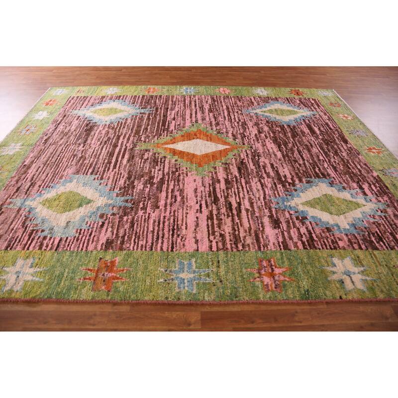 Pink Geometric Moroccan Oriental Rug Hand-Knotted Wool Carpet - 9'3" x 11'10"