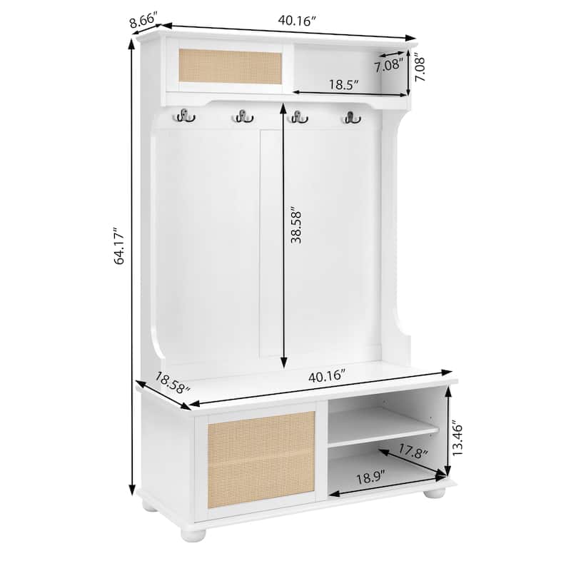 Entryway Coat Rack Bench Storage Bench with Rattan Door Shelves, Rustic Hallway Hall Tree Indoor Bench with Cabinet