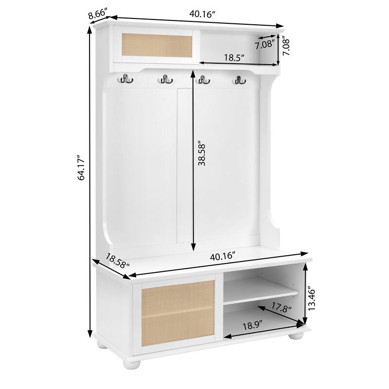 Modern Rattan Door Coat Rack Entryway Storage Bench with Shoe Storage Compartments and Open Shelves