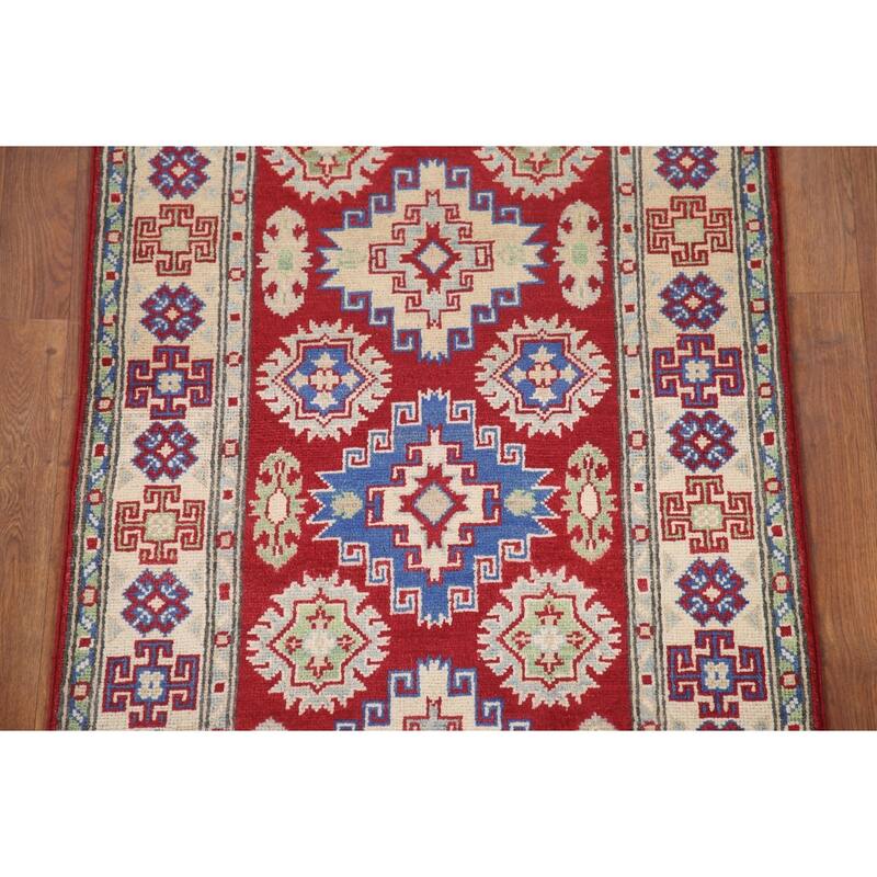 Hand Knotted Oriental 100% Wool Carpet Traditional Geometric Red Kazak Runner Rug - 8' 7'' X 2' 8''