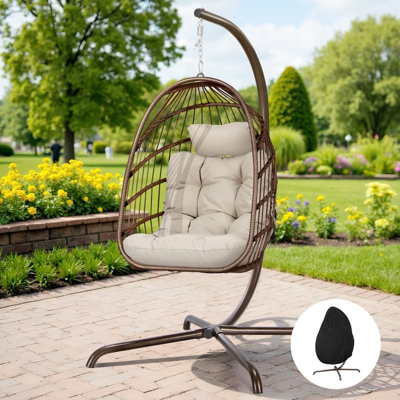 Oversized Wicker Hanging Egg Chair with Stand, Outdoor Indoor Swing Chair with Cushion, 350 lb Capacity - Brown/Cover