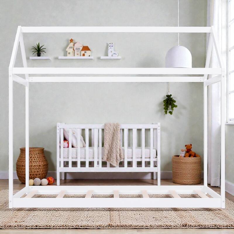 Twin Size Wooden House Bed Frame for Kids, Pine Wood Playhouse Bed with Roof Design, No Box Spring Needed