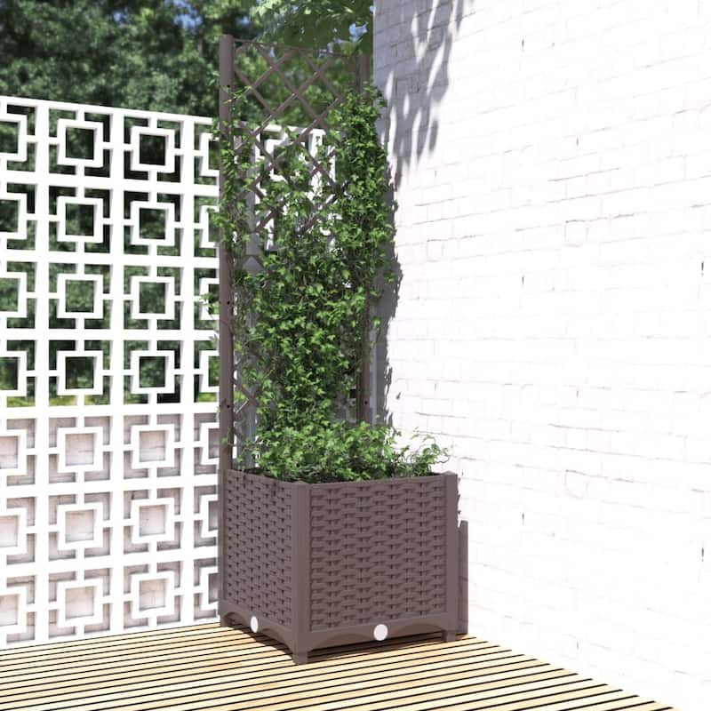 vidaXL Garden Planter with Trellis Plant Pot Flower Box Raised Bed Outdoor PP - 15.7" x 15.7" x 53.5" - Brown