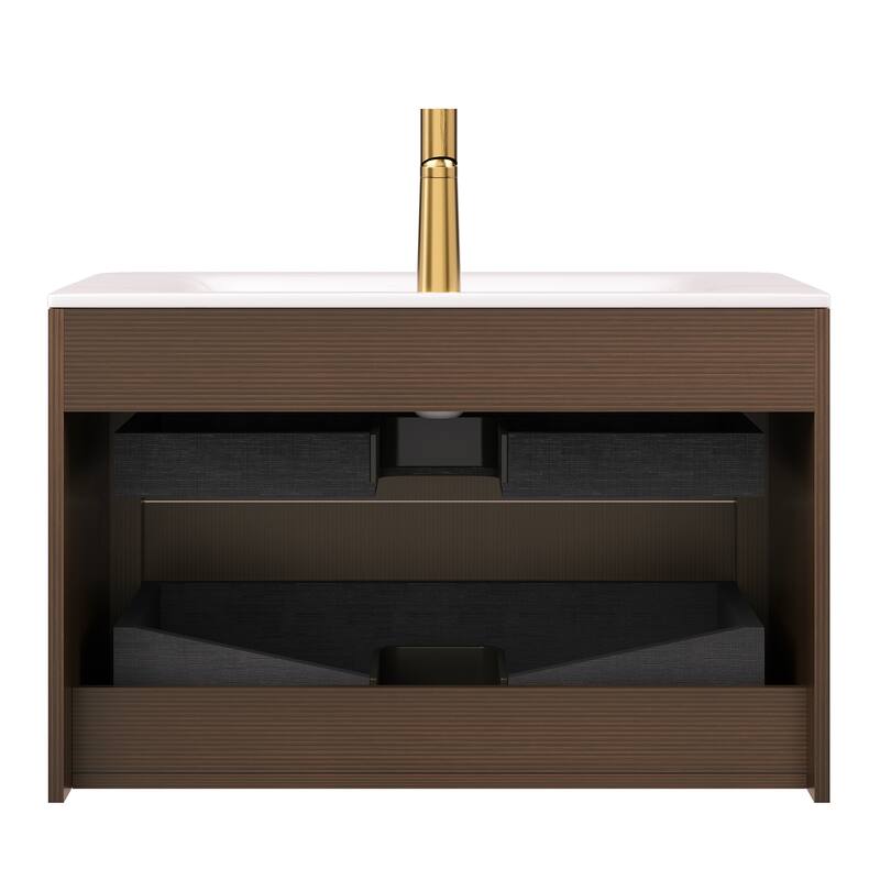 GDF Studio - Zane Bathroom Vanity with Ultra-Pinstriped Drawer Fronts & Carrara White Sintered Stone Basin, WITHOUT Faucet