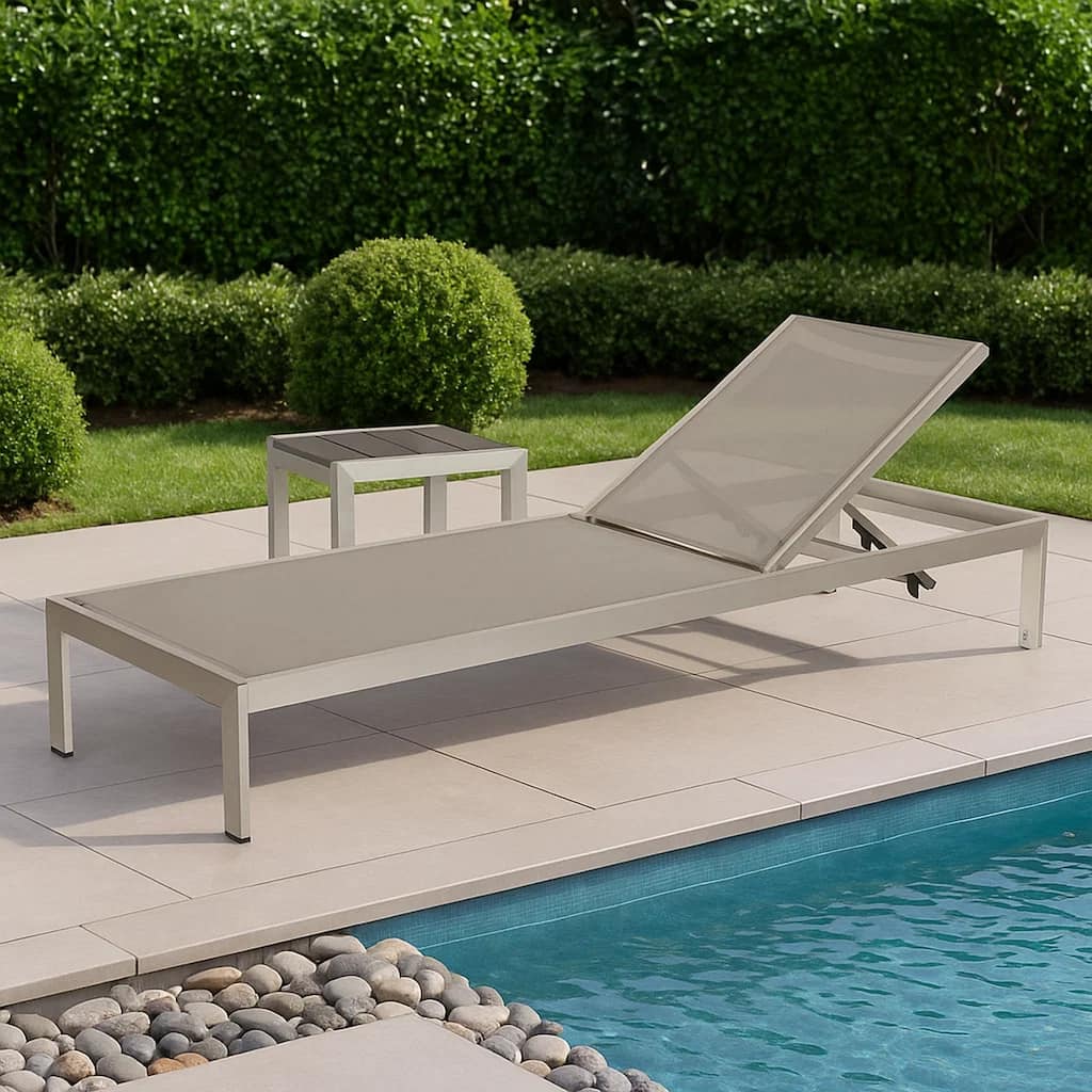 Metal Frame Adjustable Lounger with Side Table, Set of 2, Gray
