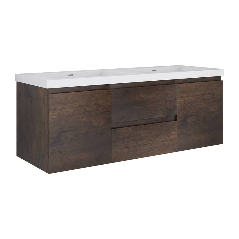 MDF Wall-Mounted Bathroom Vanity Set in Rose Wood with Integrated Culture Marble Sink