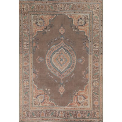 Brown Geometric Tabriz Vintage Persian Area Rug Handmade Wool Carpet - 9'4" x 12'5"