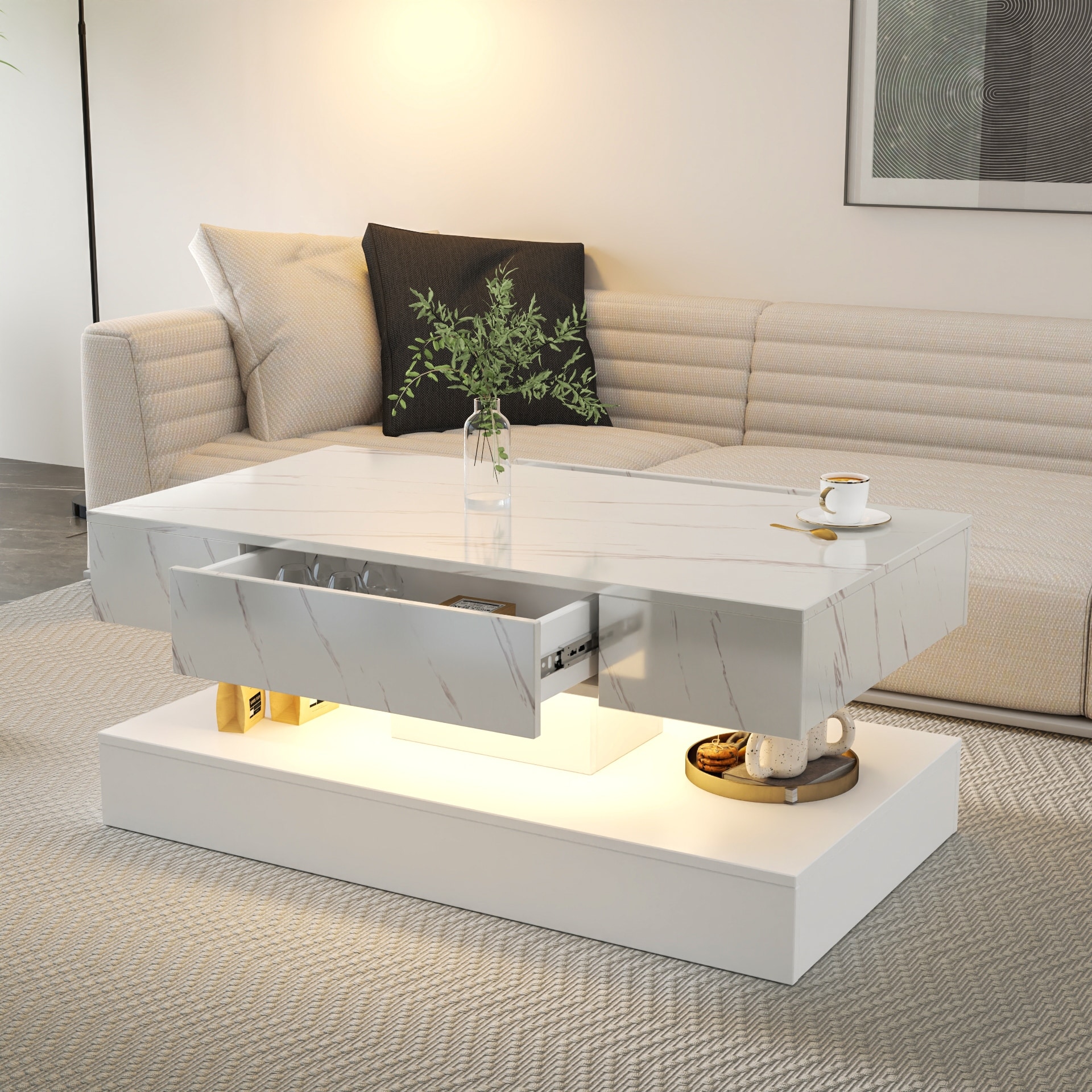 GDFStudio - Kei Modern 16.93"H LED Coffee Table with Storage Drawer for Living Room