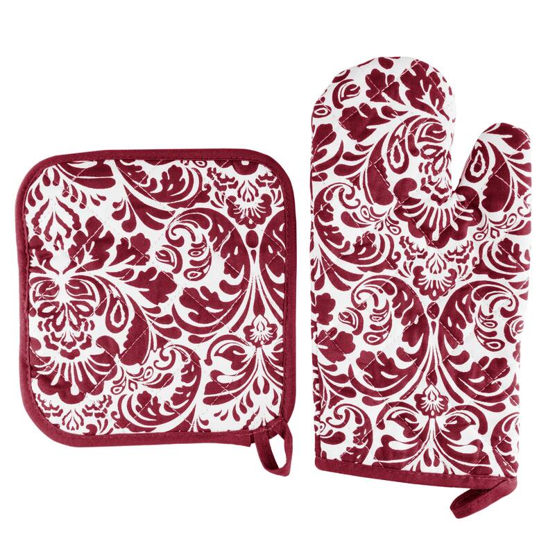 Oven Mitt And Pot Holder Set, Quilted And Flame And Heat Resistant By Windsor Home - Burgundy