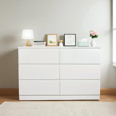 6 Drawer White Dresser, Modern Wood Storage Cabinet with Wide Top and Concealed Handles, Bedroom Chest Organizer